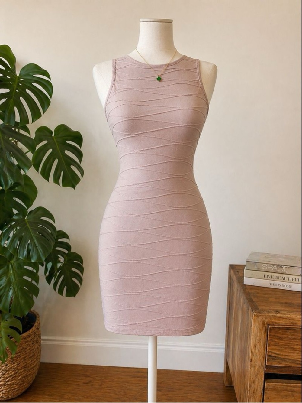 Nude bodycon mini dress size S- open back high neck